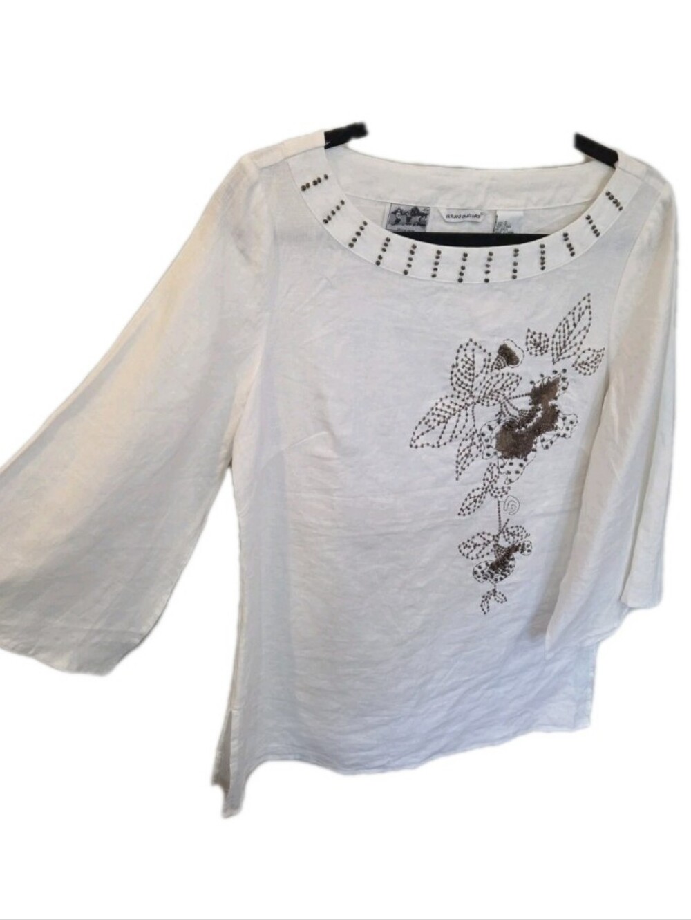 Richard Malcolm Irish Linen Size Small White Bell Sleeve Beaded Blouse Top Boho